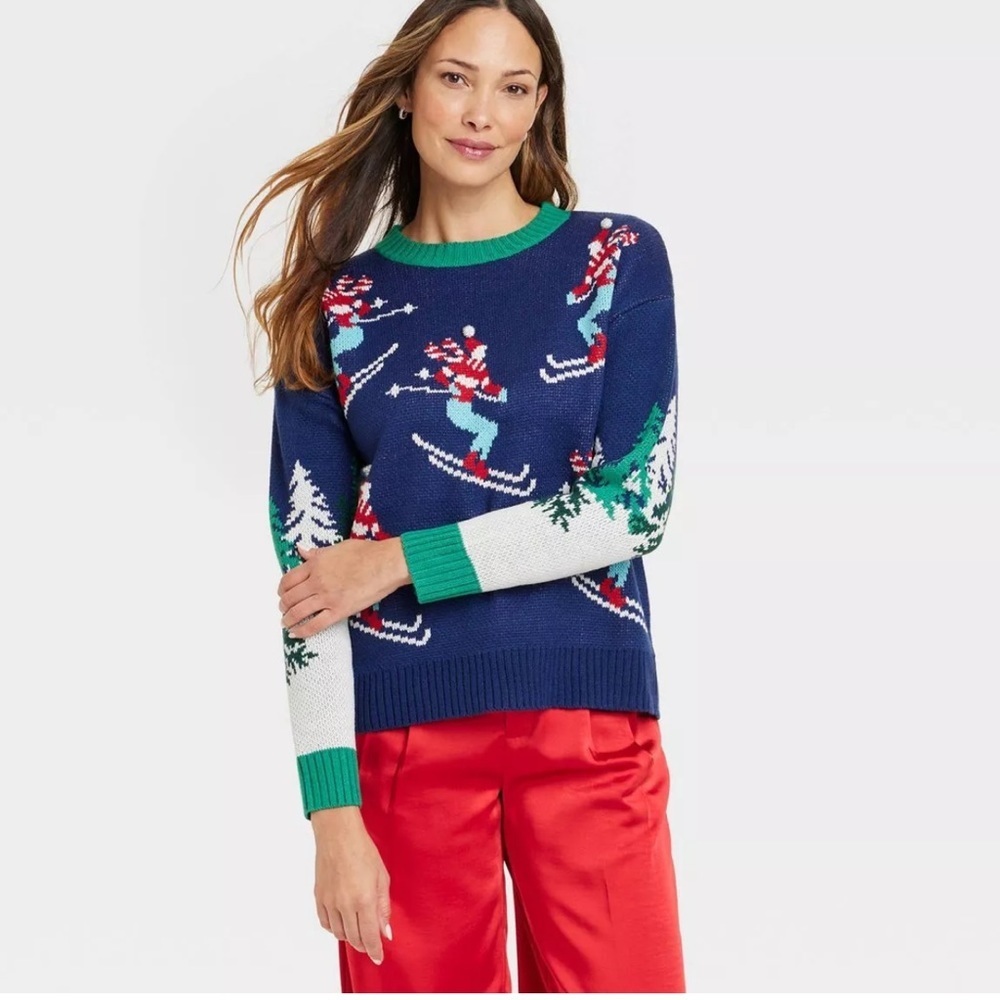 33 degrees Women's Alpine Skier Graphic Sweater Christmas Blue vp.